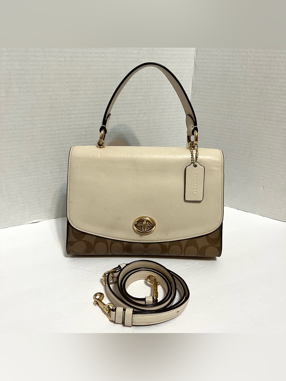Coach Tilly Satchel Leather Signature Canvas Shoulder Bag in Cream/Brown